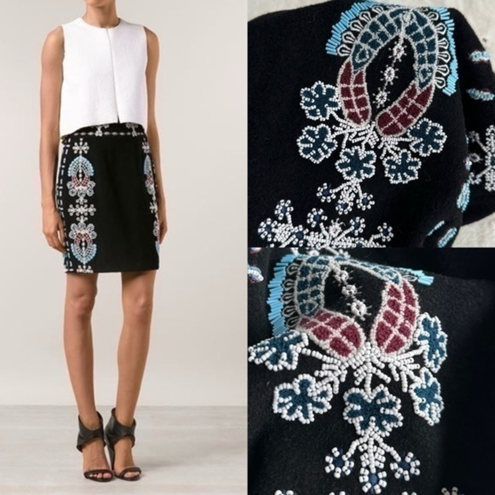 Elle Sasson Soft Wool Cashmere Black Embroidered Beads Pencil Skirt S (4)